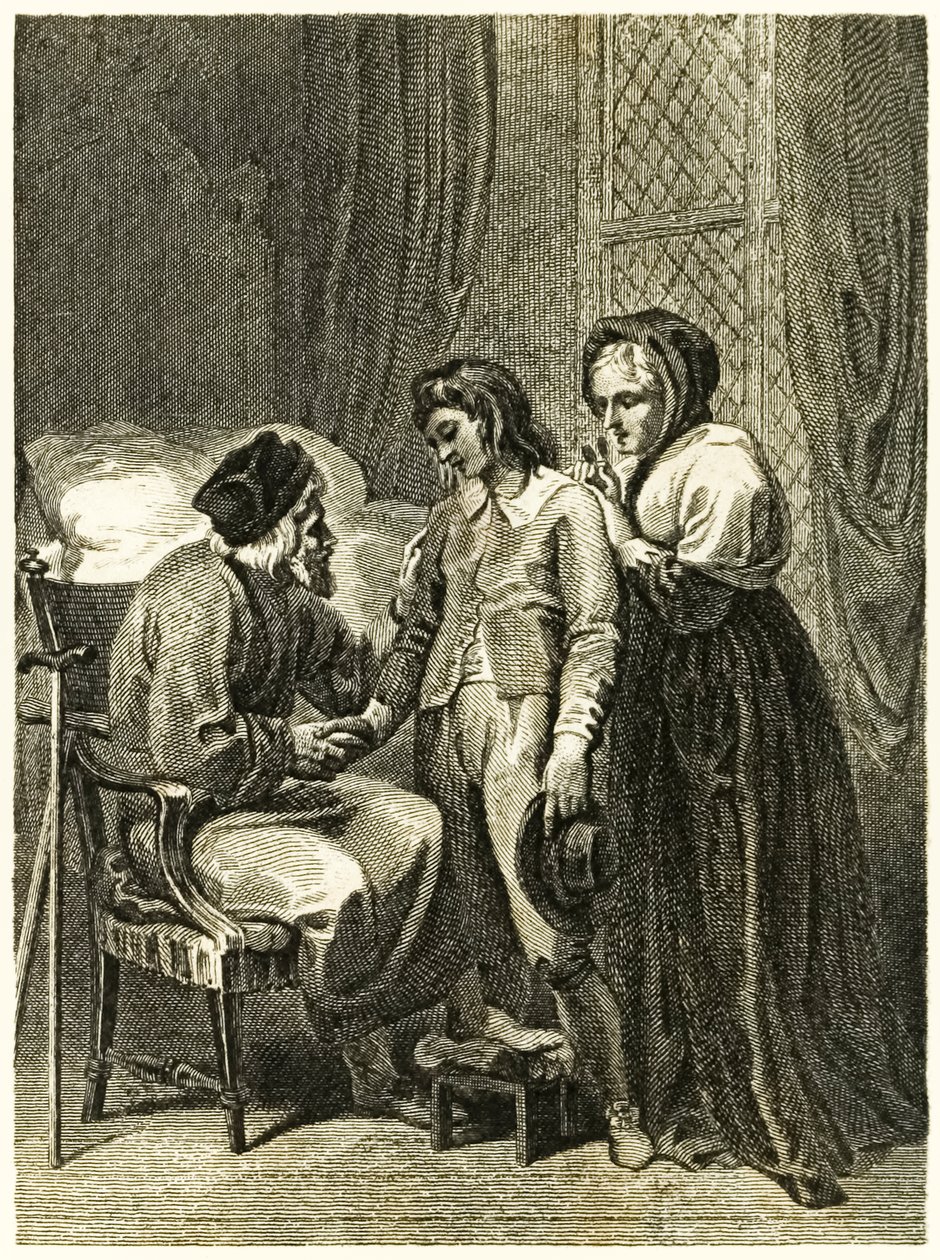 ?Robinson Crusoe? přední ilustrace zobrazující Crusoe, jak se rozchází se svým otcem a matkou. Od ?Život a podivné překvapivé dobrodružství Robinsona Crusoe, nebo York, Mariner? od Daniela Defoea od Thomas Stothard