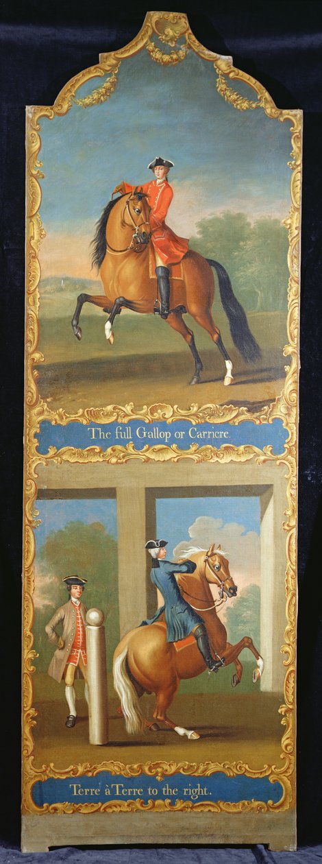 „The Full Gallop or Carriere“ (nahoře) a „Terre a Terre to right“ (dole), kolem roku 1750 od Thomas, of Pall Mall Butler