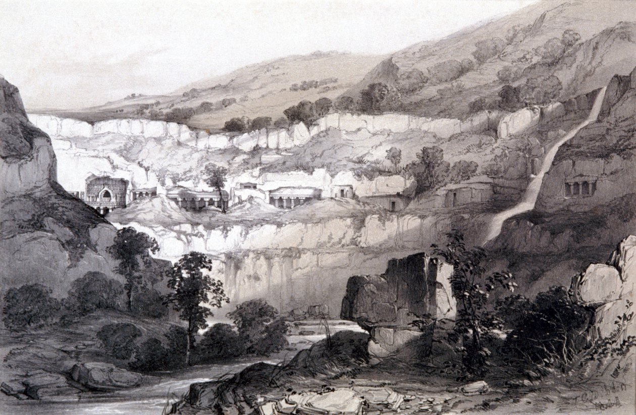 Pohled na jeskyně, Ajunta, Indie, 1844 od Thomas Colman Dibdin