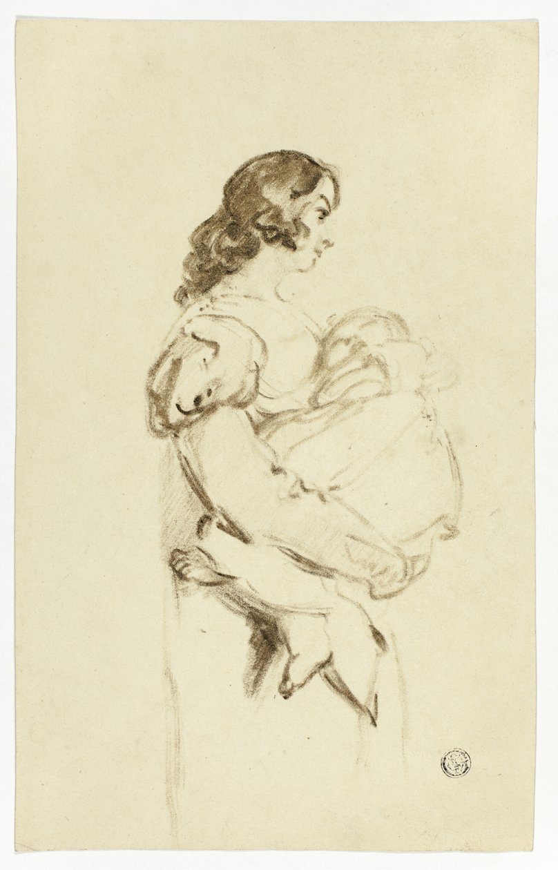 Young Woman Carrying Baby   1292620   cs       czech Successfully Translated  Original: Add 15296 (2) f.44r, Rama seated on a seat of lotus petals in his cave, with Laksmana standing beside him, is overjoyed at seeing the vast army of monkeys that Sugriva  od Thomas Jones Barker