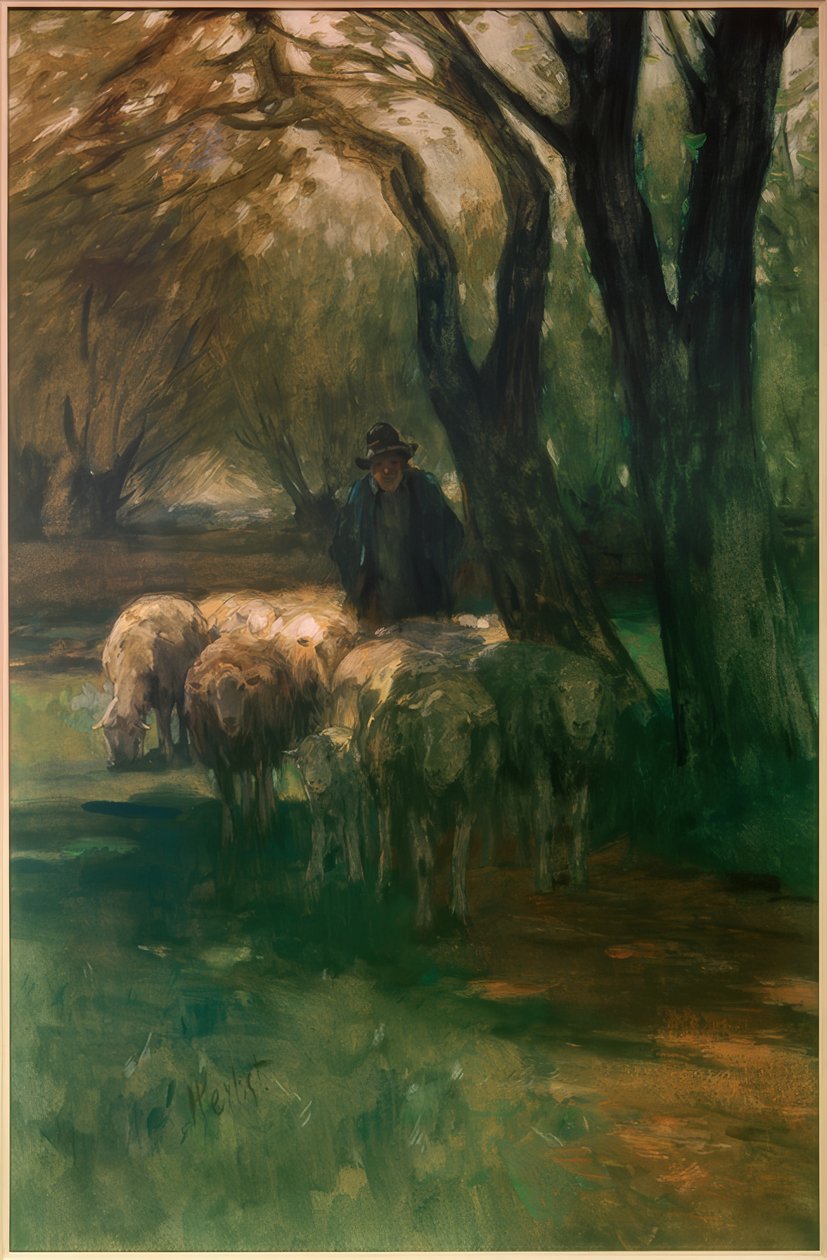 Stádo ovcí pod stromy od Thomas Ludwig Herbst