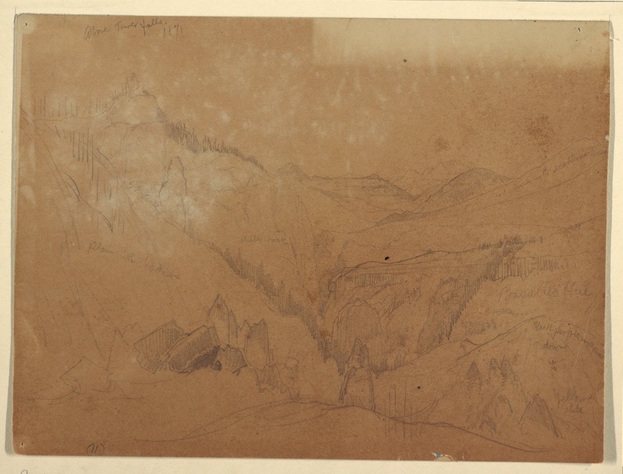 Kresba, Yellowstone, Nad Tower Falls, 1871 od Thomas Moran