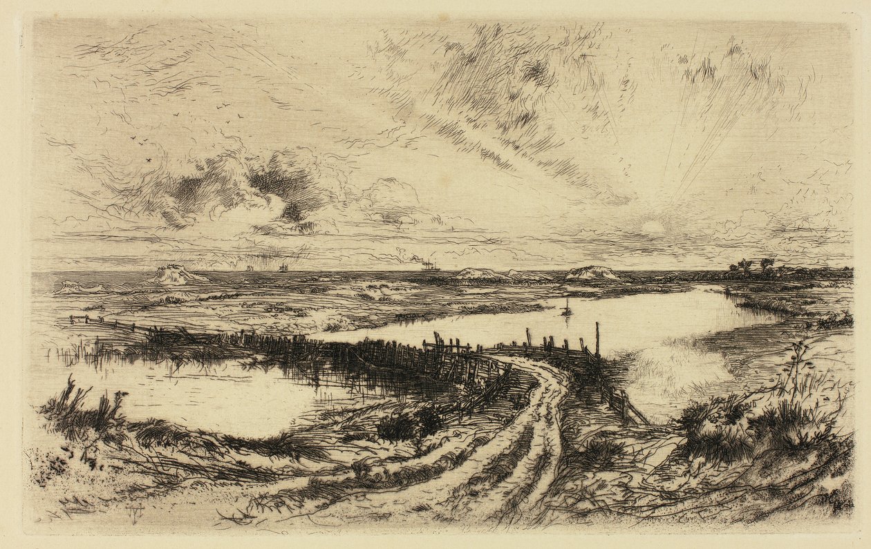 Východ slunce – rybník, East Hampton od Thomas Moran