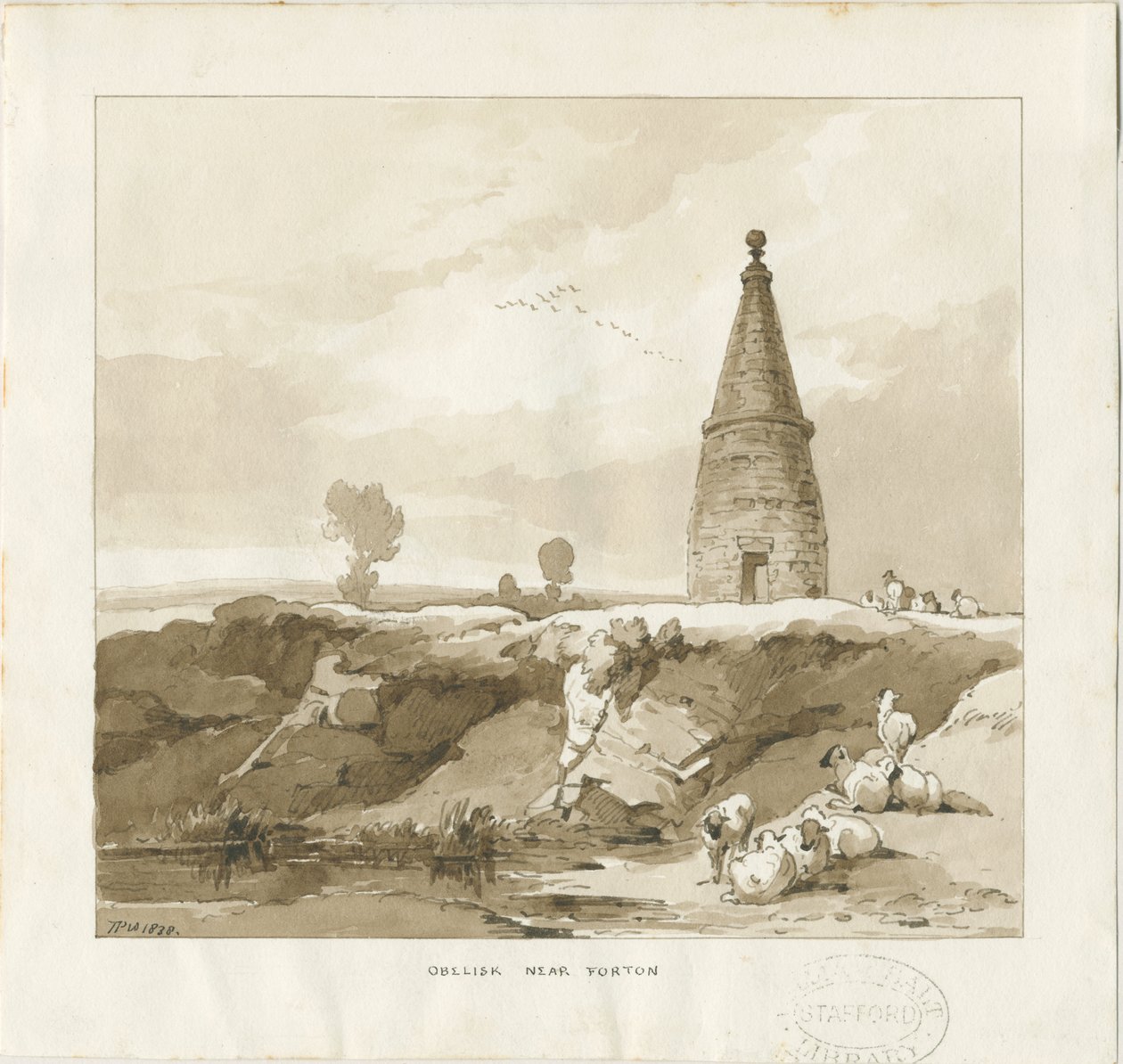 Forton - Obelisk: lavírovaná kresba od Thomas Peploe Wood