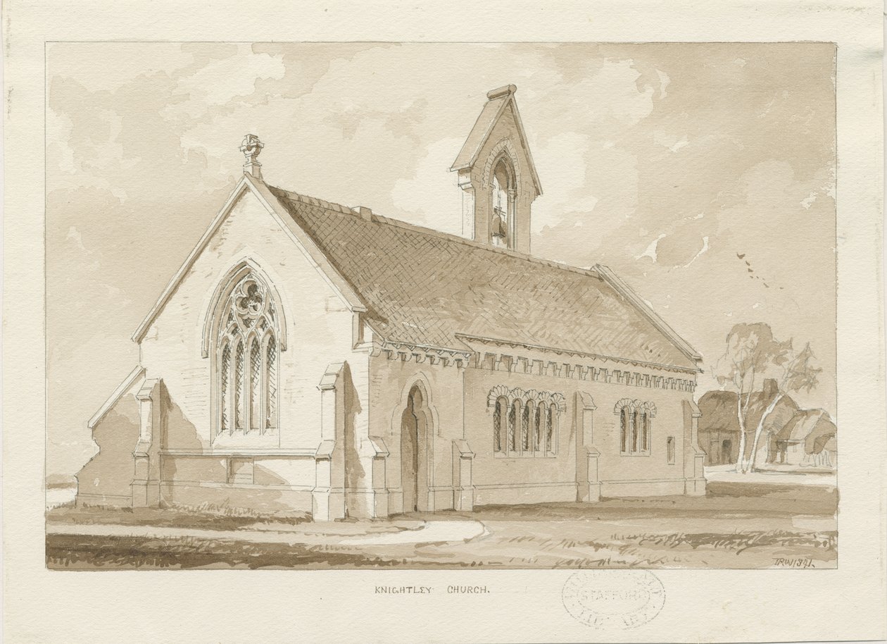 Knightley Chapel: sépiová lavírovaná kresba, 1841 od Thomas Peploe Wood