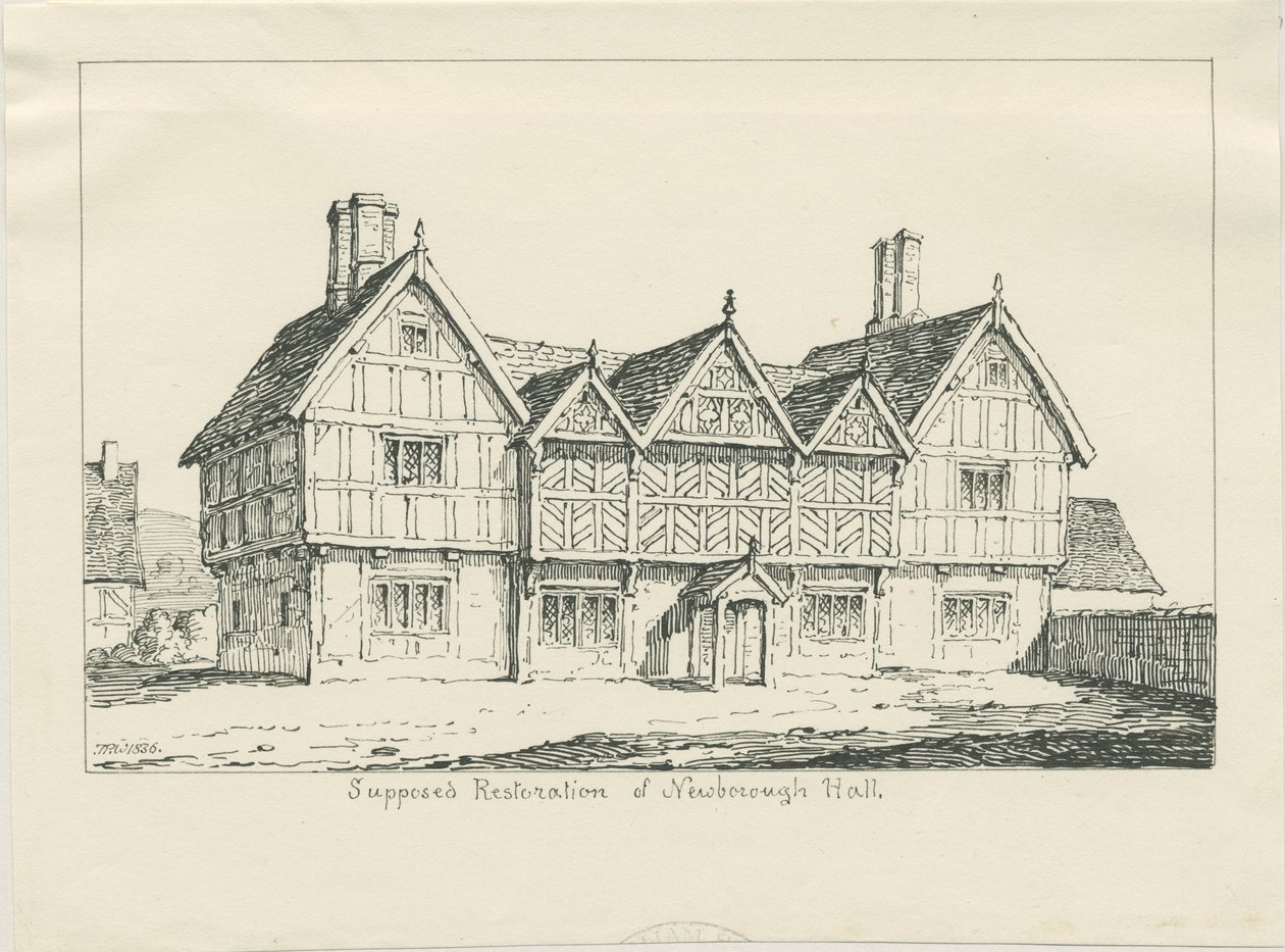 Newborough Hall: kresba perem, 1836 od Thomas Peploe Wood