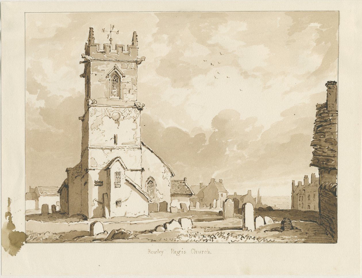 Kostel Rowley Regis: sépiová kresba, 1837 od Thomas Peploe Wood