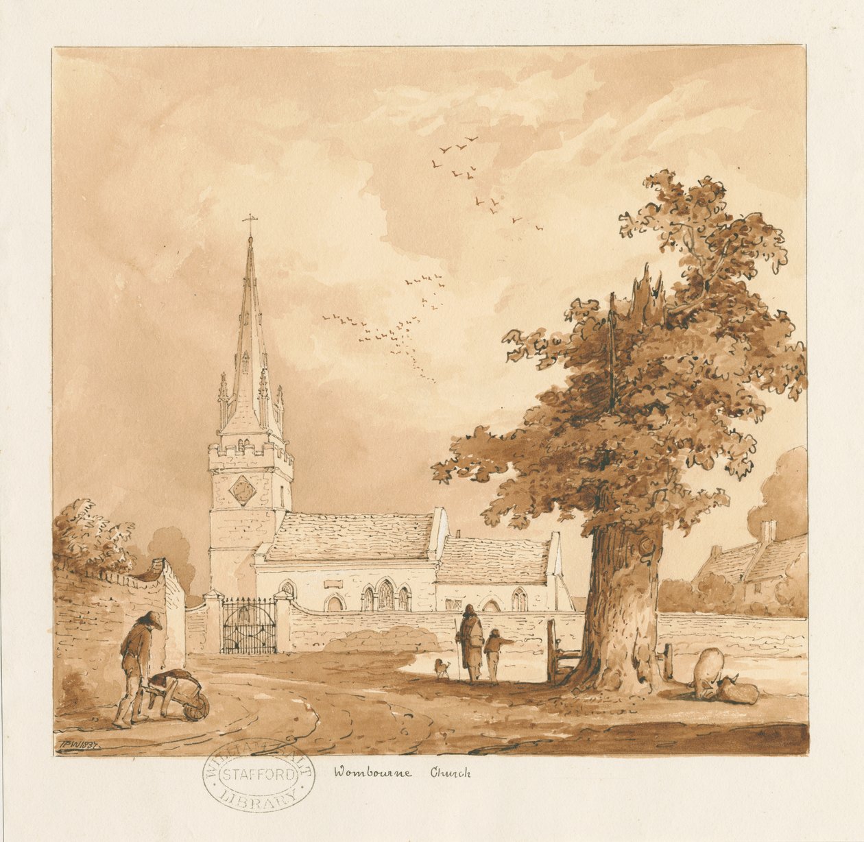 Wombourne Church: sépie kresba od Thomas Peploe Wood