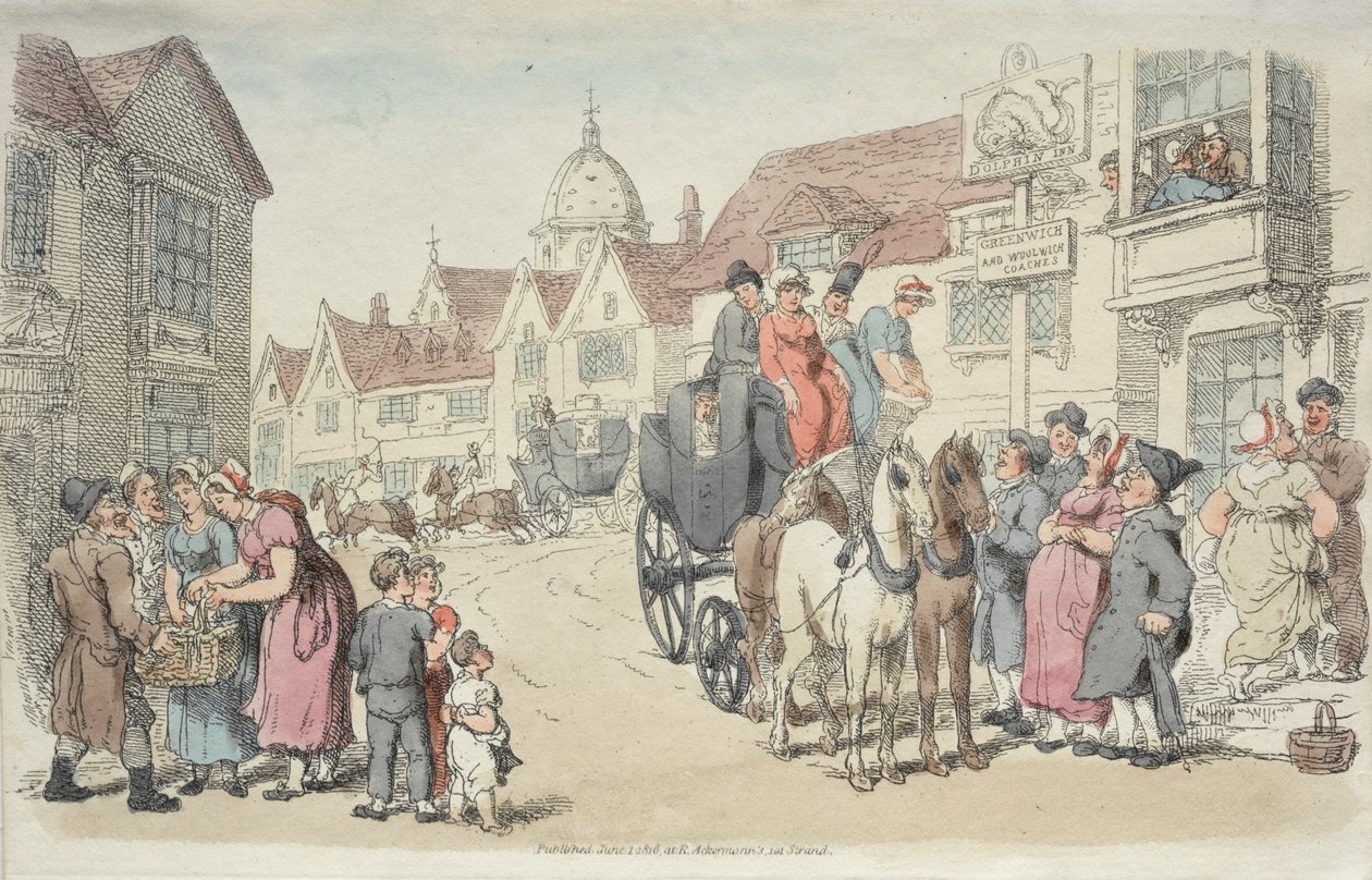 Dolphins Inn: autobusy Greenwich a Woolwich od Thomas Rowlandson