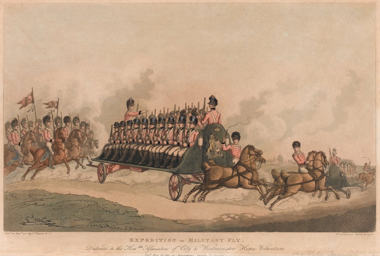„Expedice of Military Fly“ (akvatinta, barva) od Thomas Rowlandson