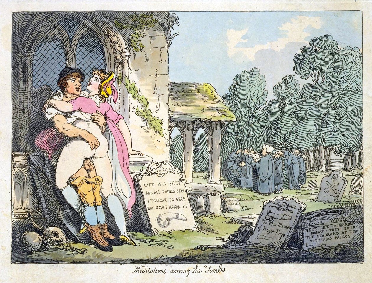 Meditace mezi hrobkami (barevné lito) od Thomas Rowlandson