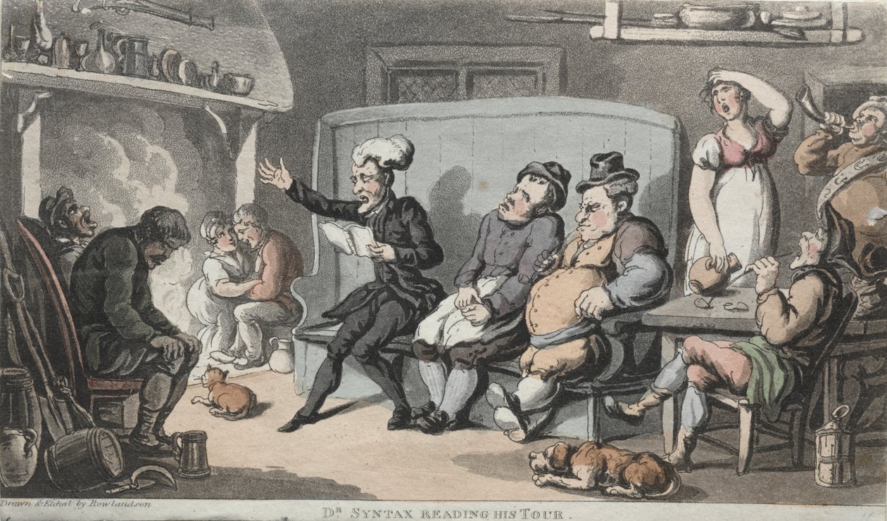 Rev. Dr. Syntax čte svou prohlídku od Thomas Rowlandson