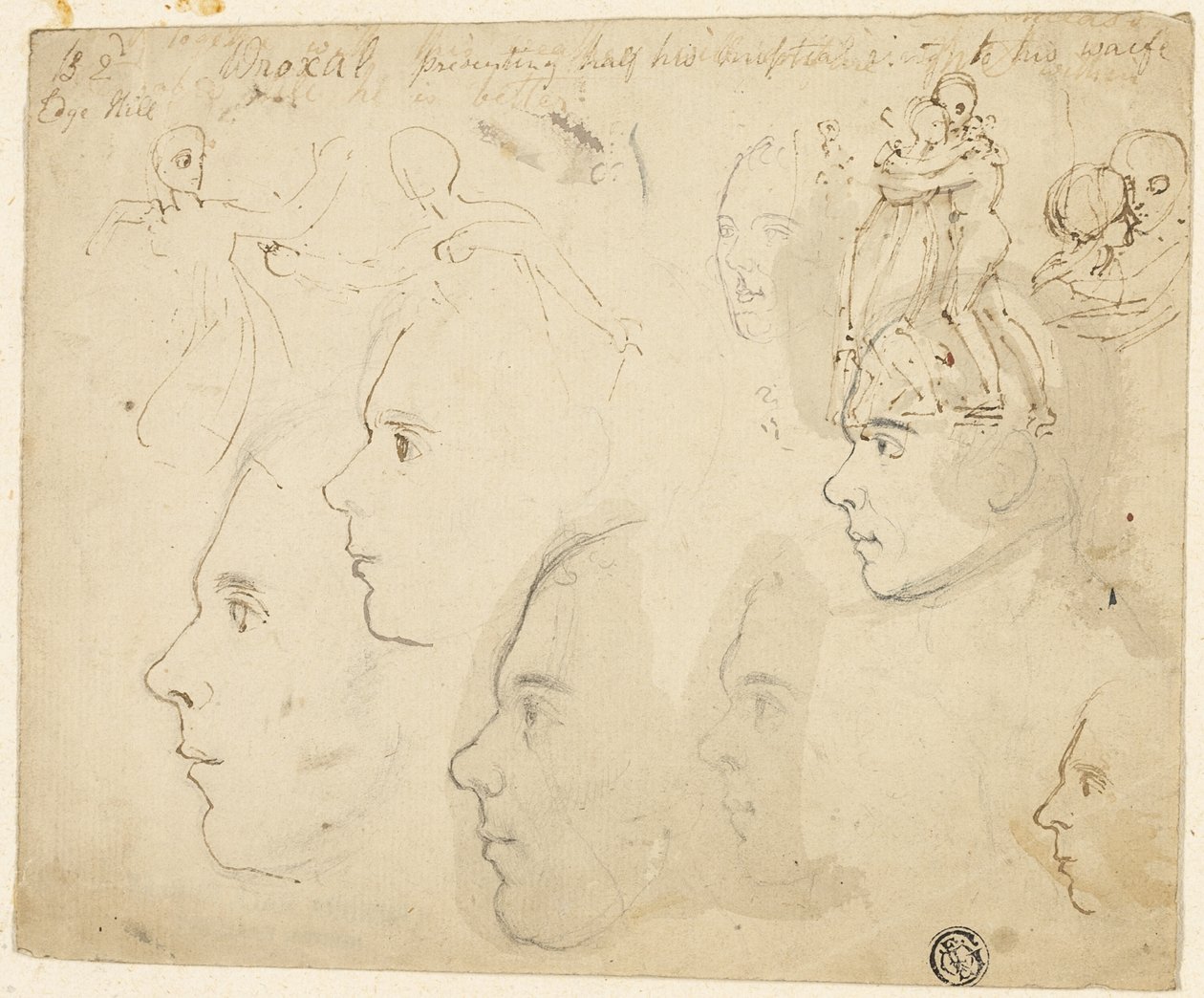 Náčrty mužských profilů, pár objímání od Thomas Stothard