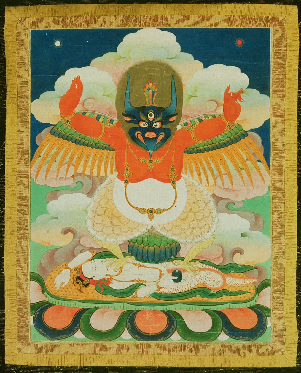 Thangka malba Garudy šlape po umírajícím nagadu (látce) od Tibetan School