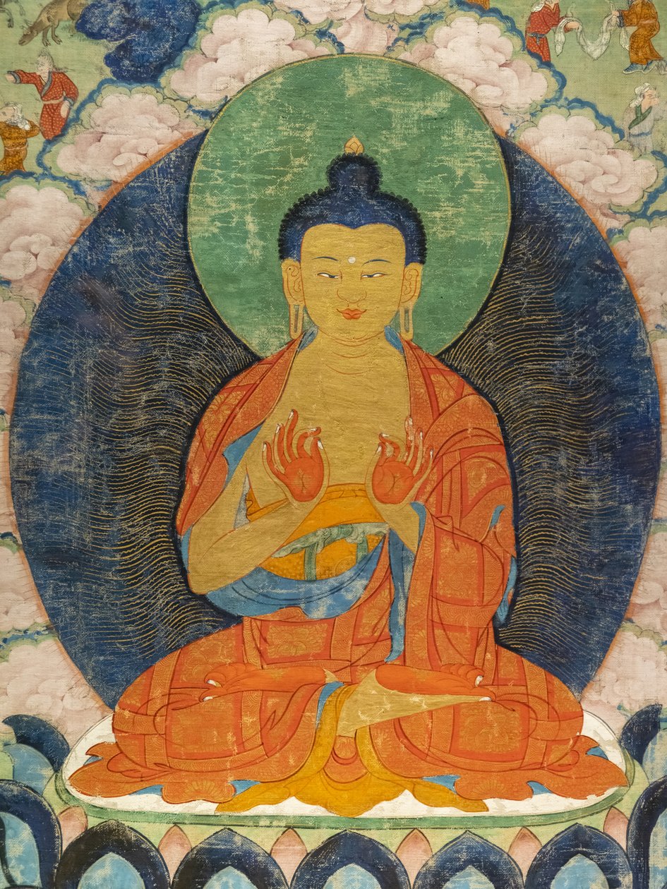 Buddha a tři Jakata: Makkapi, Ruru, Shabhamiga od Tibetan School