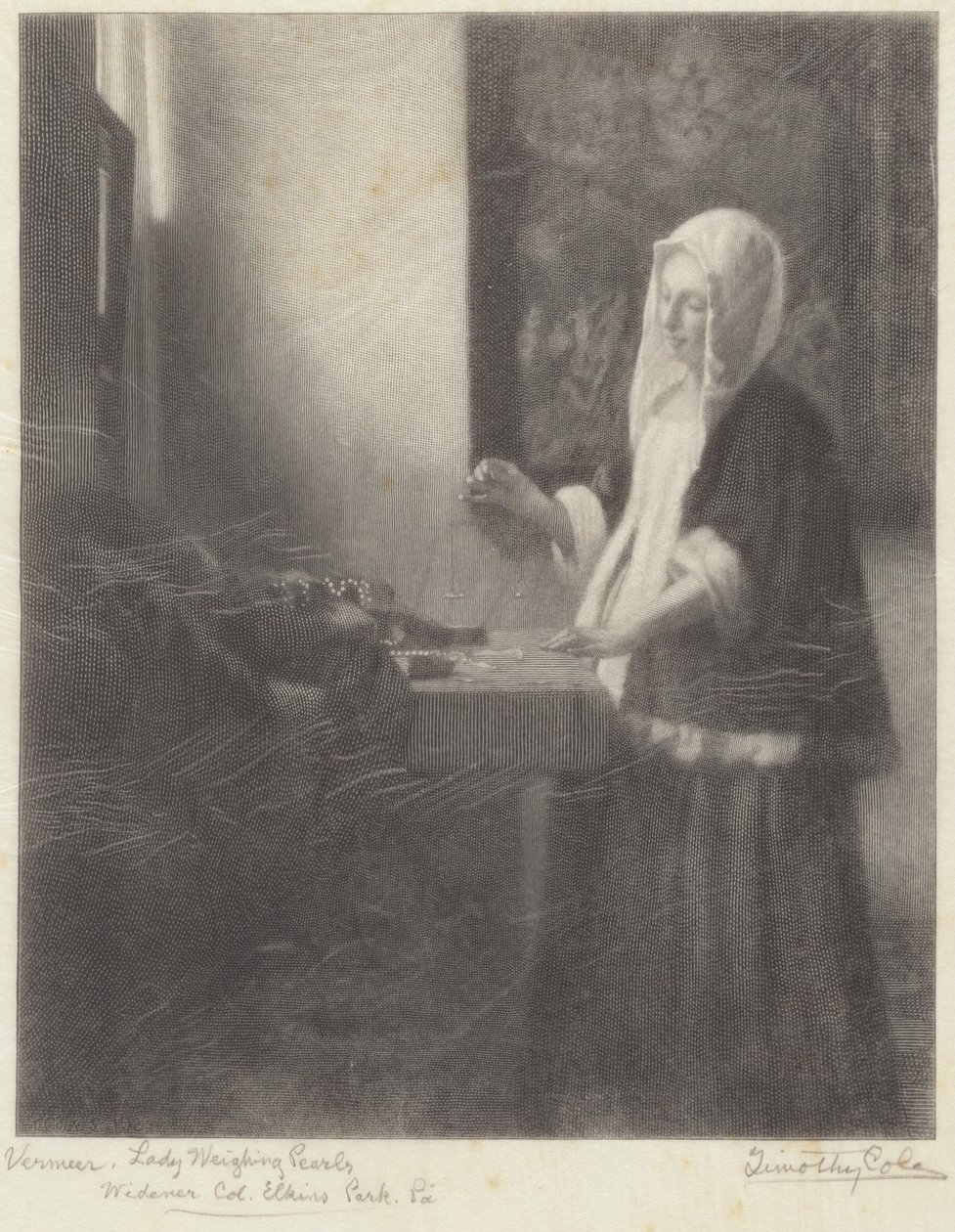 Žena vážící perly od Timothy Cole after Johannes Vermeer