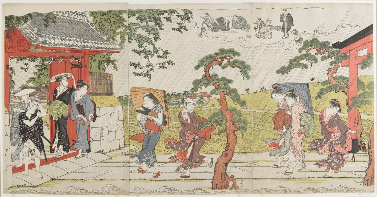 Náhlá sprcha ve svatyni Mimeguri, 1787 od Torii Kiyonaga