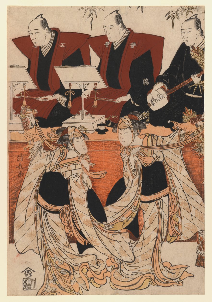 Two actors as Iwai Hanshiro IV and Segawa Kikunojo III in the Karukoma dance, accompanied by Joruri recitation, c.1783 (colour woodblock print) od Torii Kiyonaga