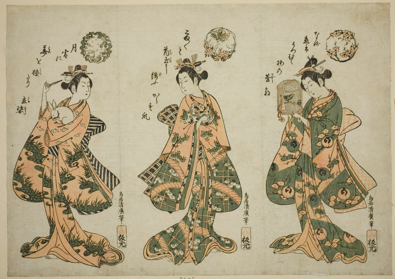 Tři mladé ženy s domácími mazlíčky od Torii Kiyohiro