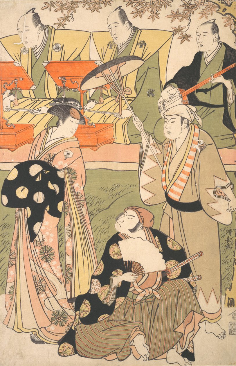 Divadelní scéna s hudebníky. od Torii Kiyonaga