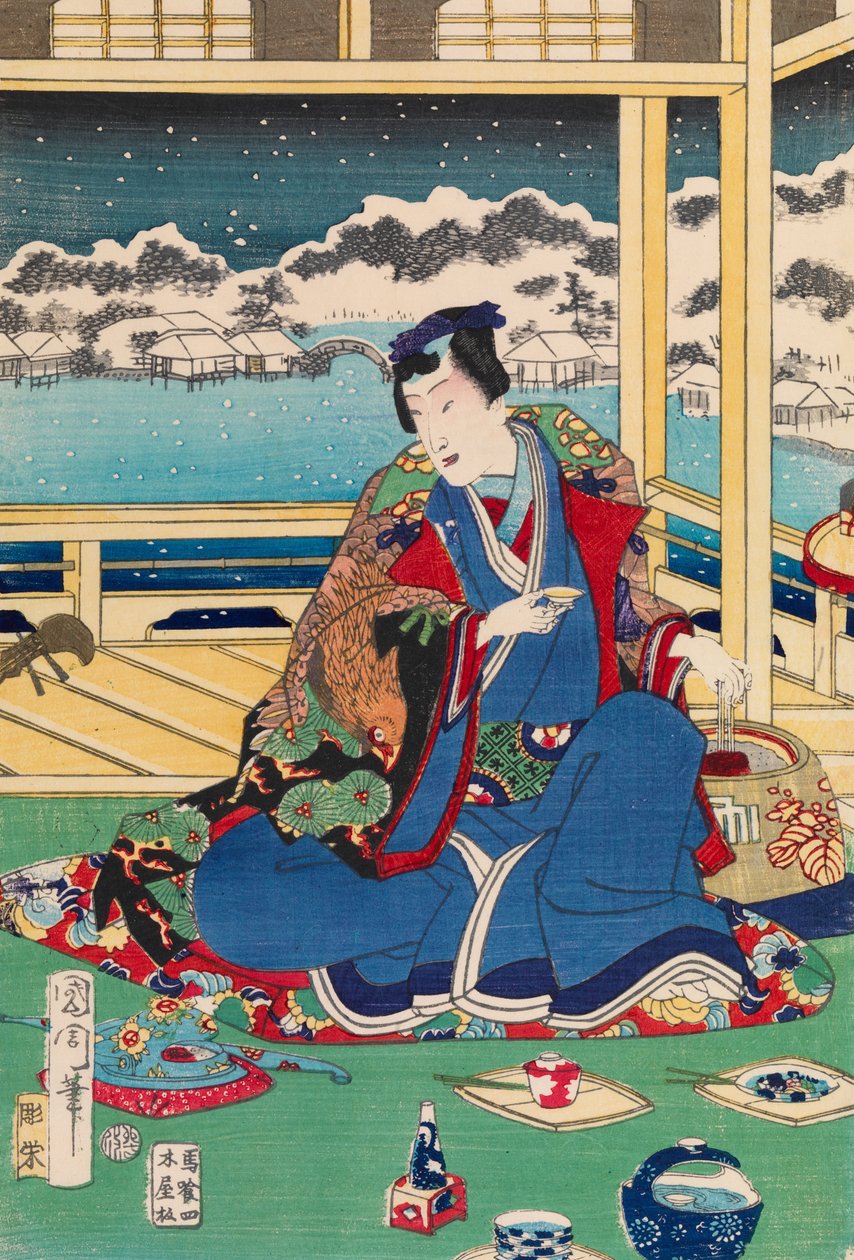 Genji prohlížení sněhu z balkonu od Toyohara Kunichika