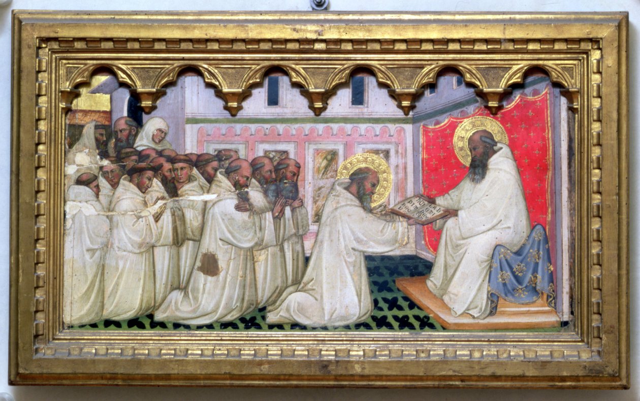 Svatý Benedikt předává mnichům z Monte Cassina řeholi Nového řádu (tempera na desce) od Turino Vanni