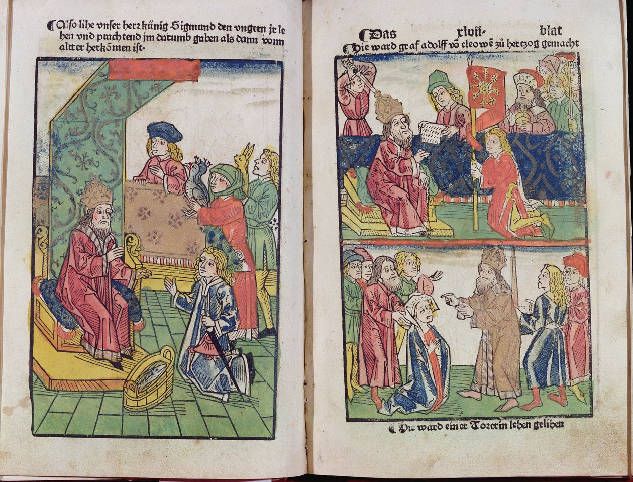 Císař Zikmund (1367-1437) Lucemburský přijímá poctu svých uherských poddaných, 1483, (barevný dřevoryt) (viz také 336923) od Ulrich von Richental
