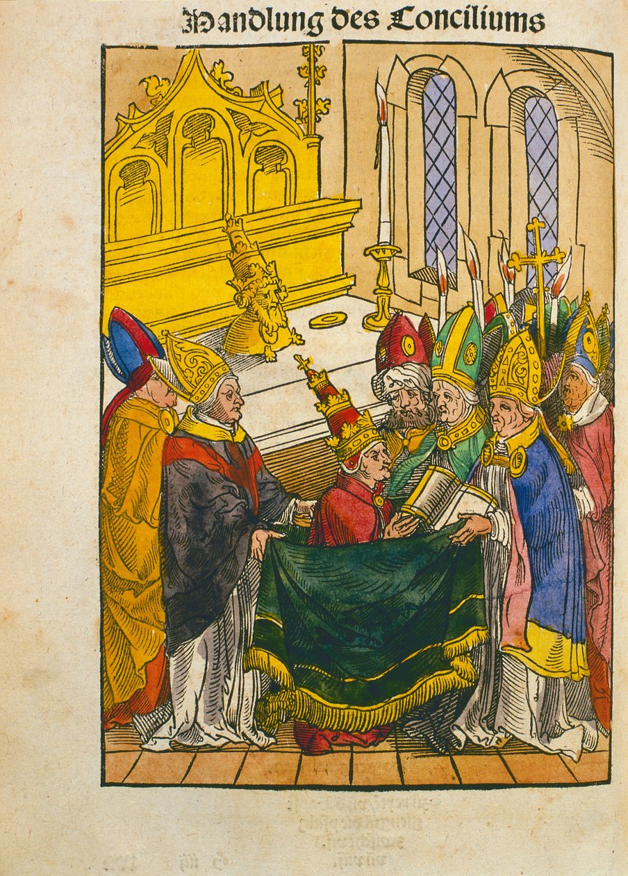 Martin V je instalován jako papež na koncilu v Kostnici, z ‚Chronik des Konzils von Konstanz‘ od Ulrich von Richental