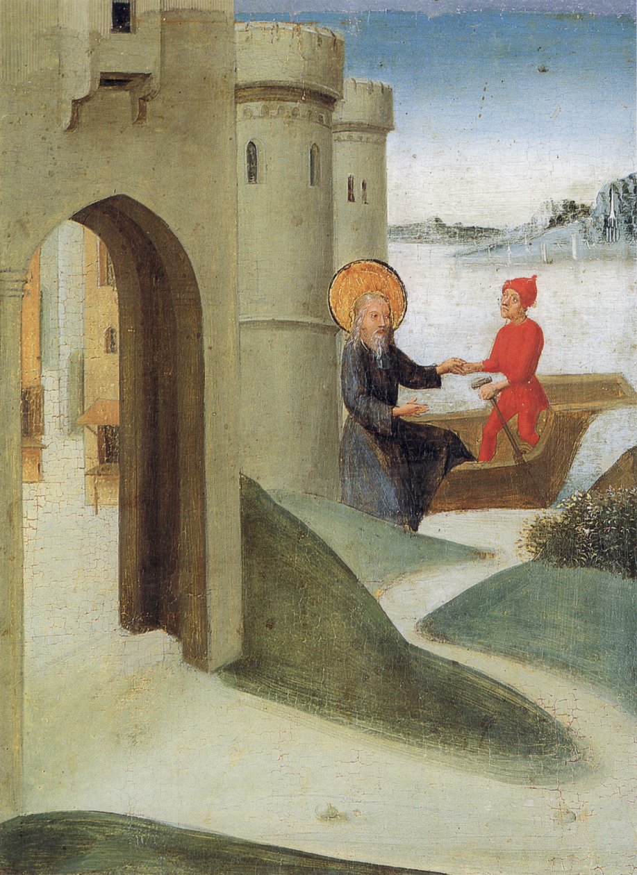 Weingartener Heilig-Blut-Tafel z roku 1489. Landesmuseum Württemberg, Stuttgart.   Talíř 4: Longinus opouští Jeruzalém a na lodi jede do Itálie od Unbekannt Unbekannt
