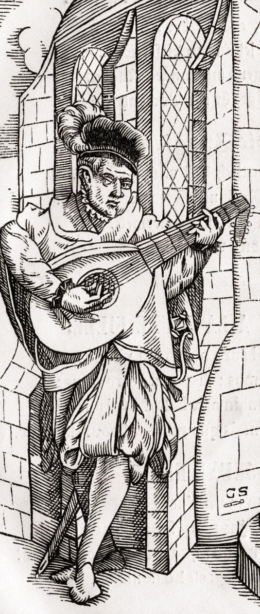 Trubadúr, detail dřevorytu, vyrytý Georgem Scharffenbergem, z „Der Todten Tanz“, vydané Basilej, 1843 od Unbekannt Unbekannt