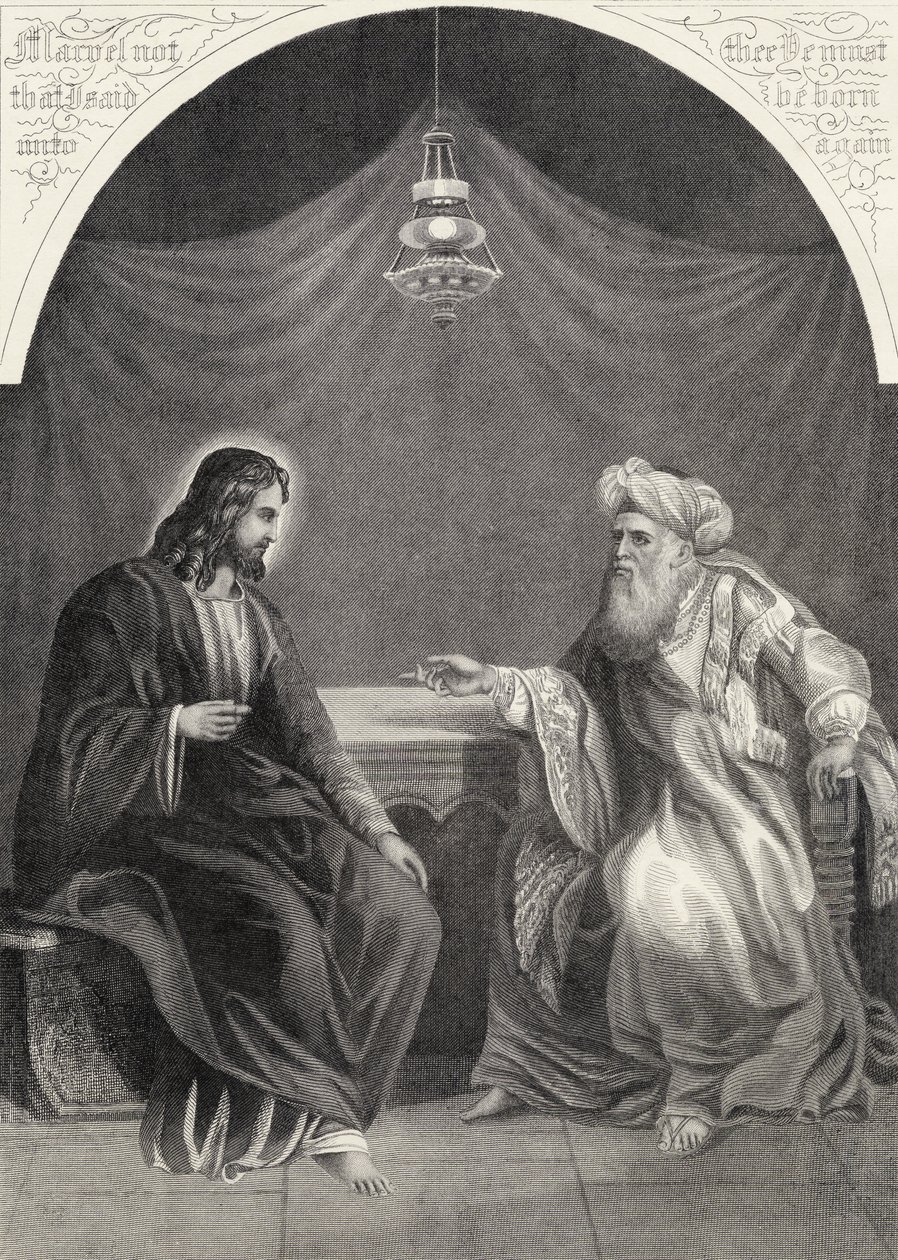 Kristus a Nikodém, vyrytý S. Allenem, z „The National Illustrated Family Bible“, vydané kolem roku 1870 od Unbekannt Unbekannt