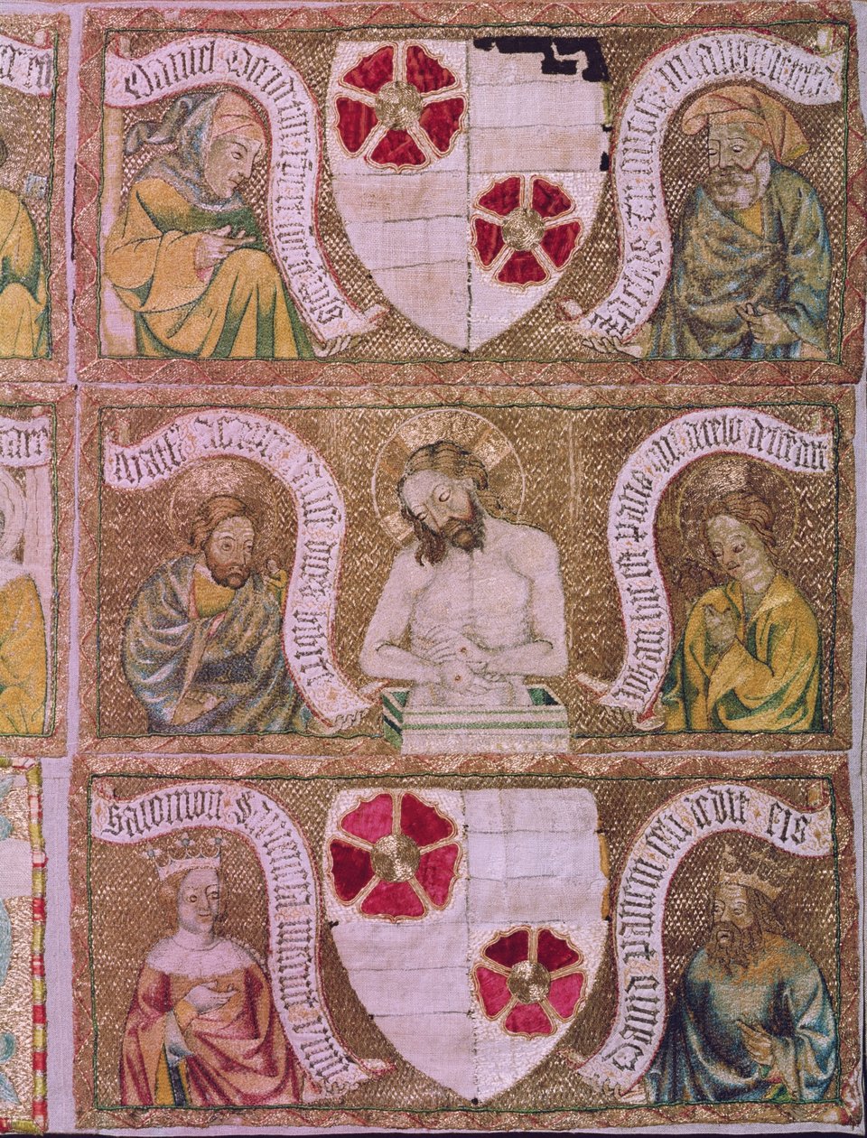Kristus jako Bolestný muž se sv. Matoušem a sv. Janem se starozákonními proroky a králi, detail z průčelí třeboňského oltáře, Čechy, kolem 1370-1380 (hedvábný štípaný steh na pozadí z lečeného zlata od Unbekannt Unbekannt