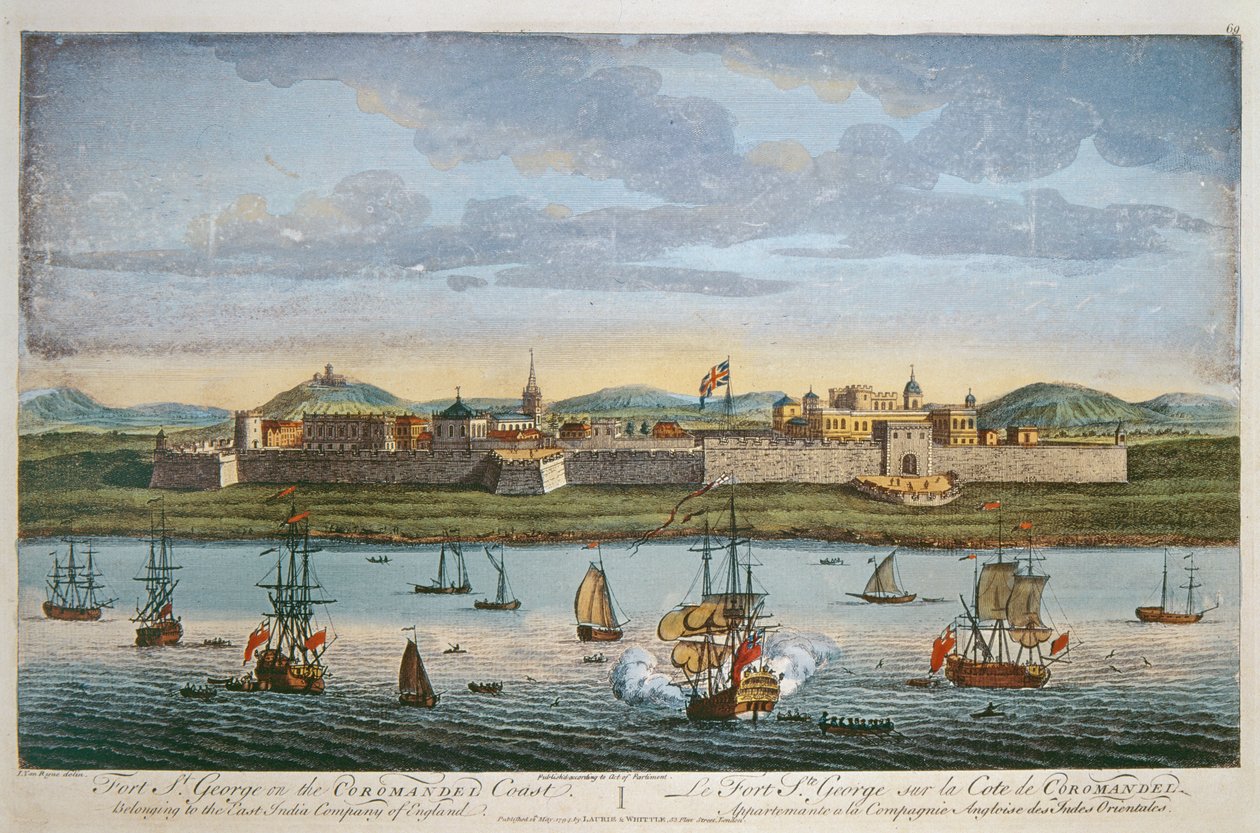 Fort St. George, pobřeží Coromandel, Indie. Kolorovaná rytina I. Van Rynea, 1794. od Unbekannt Unbekannt