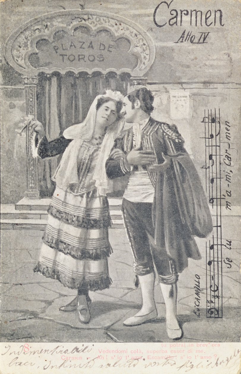 Pohlednice připomínající čtvrté dějství opery „Carmen“ od Georgese Bizeta (1838-75) od Unbekannt Unbekannt