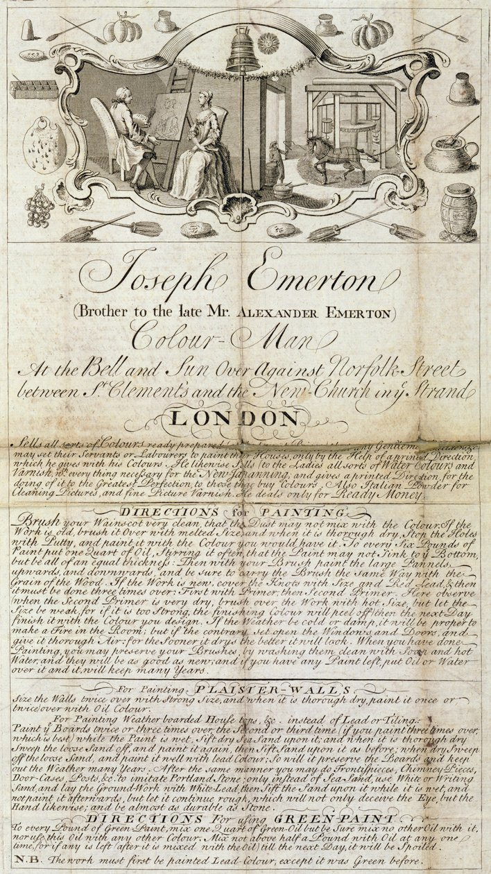 Obchodní list Joseph Emerton, Color Man. reklamní dodávky materiálů pro malíře a umělce, c.1744 (tištěný papír) od Unbekannt Unbekannt