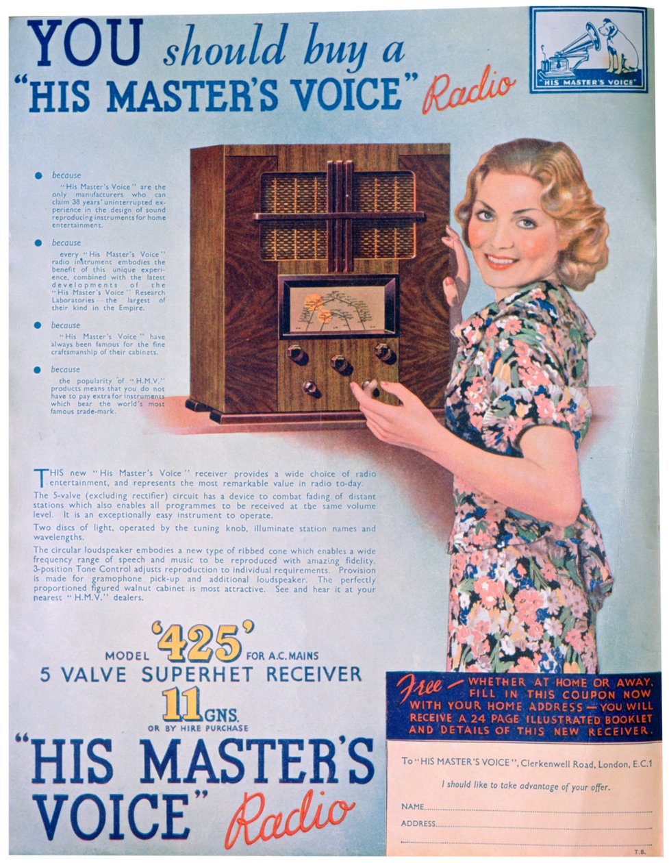 Reklama na vysílačky Hlas jeho mistrů, 1936 od Unbekannt