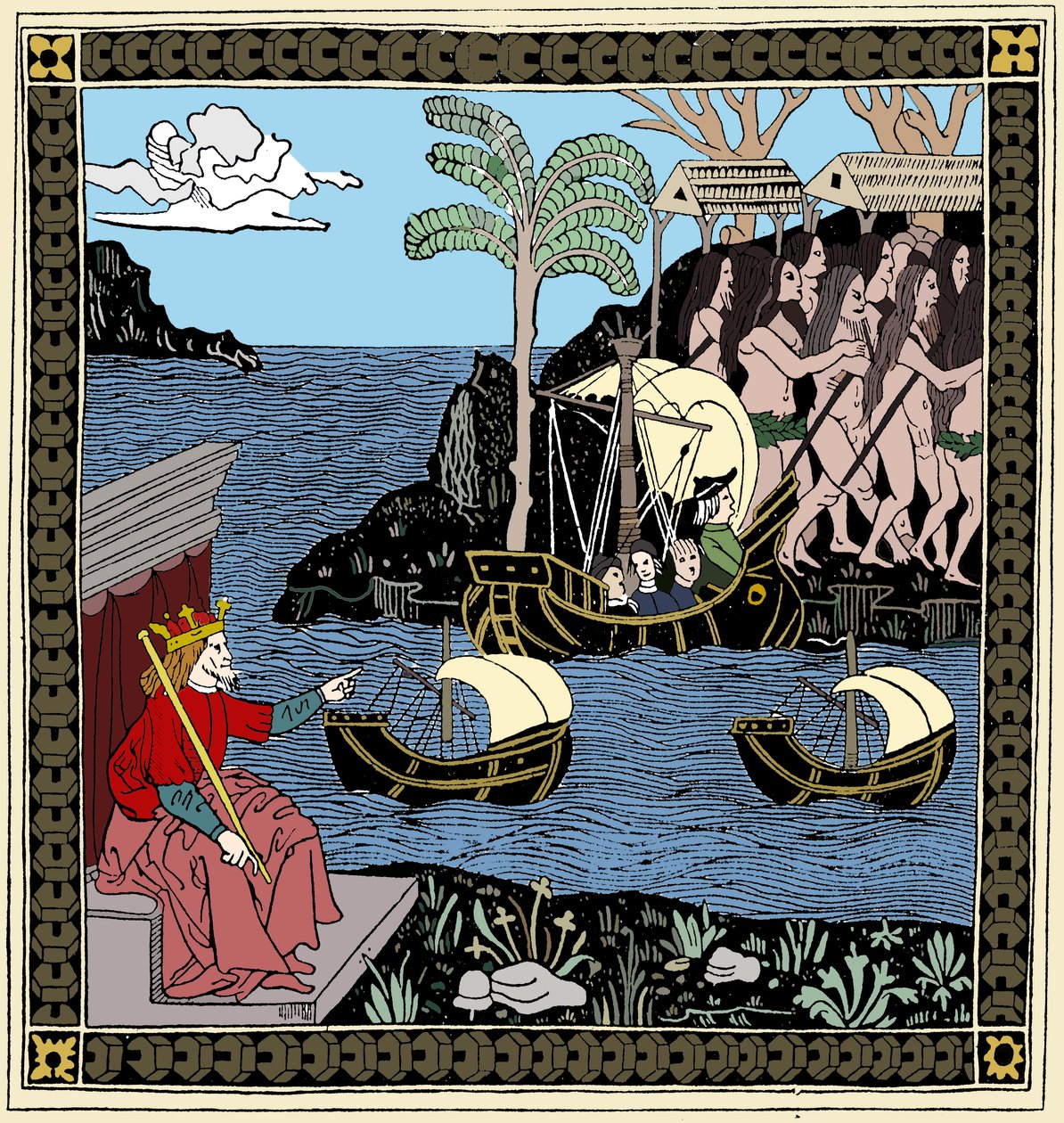 Christopher Columbus Discovering America, dřevoryt, 1493 od Unbekannt