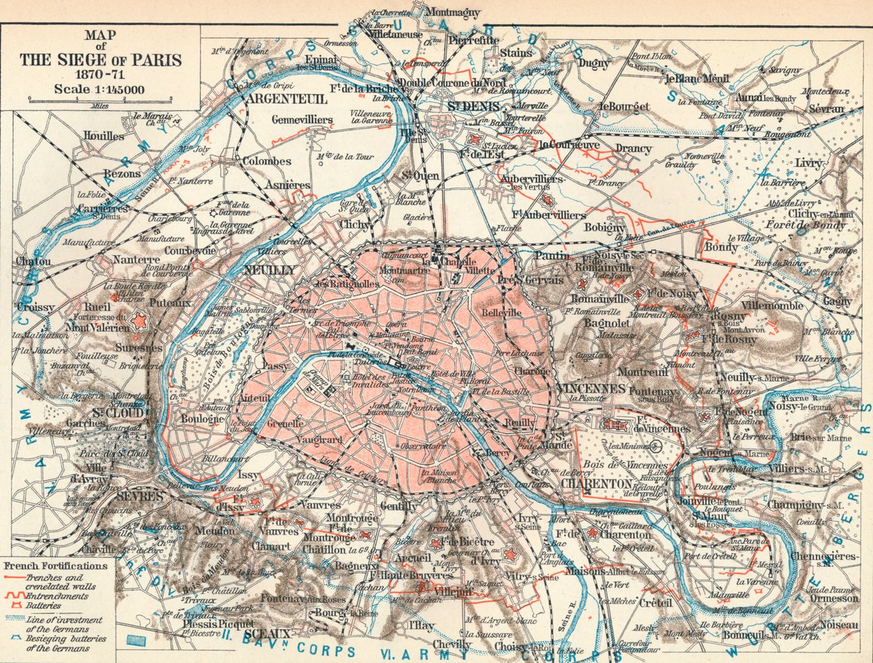 Mapa obléhání Paříže, 1870-71, 1907 od Unbekannt