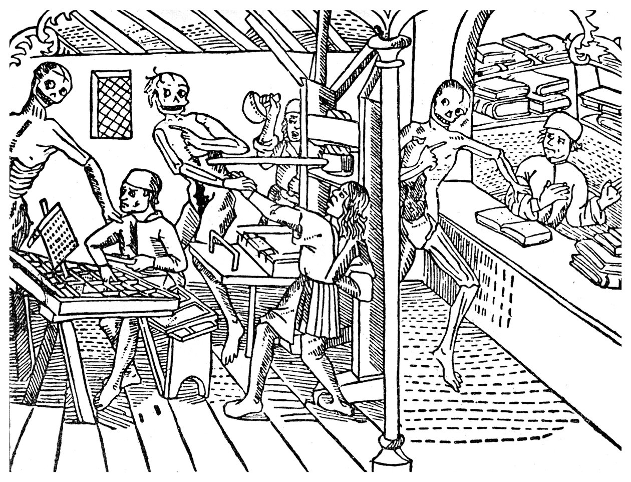 Tiskaři obtěžováni kostlivci, 1499 1956 od Unbekannt