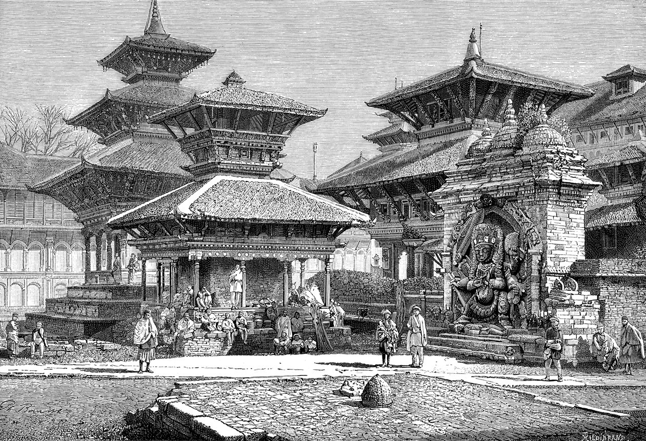 Chrámy s výhledem na královský palác, Káthmándú, Nepál, 1895 od Unbekannt