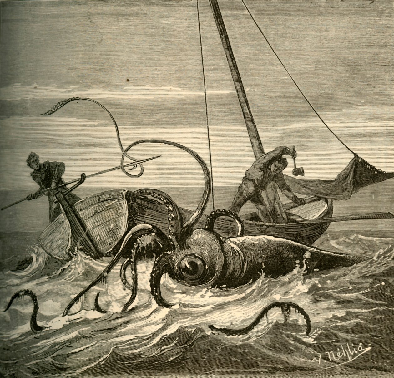 The Fishermen Battle with the Giant Squid, 1881. od Unbekannt