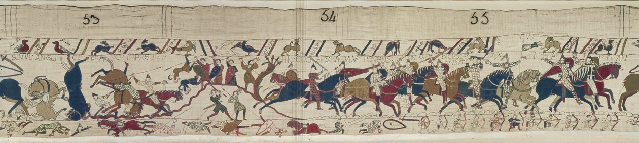 Normané a Angličané padají bok po boku a biskup Odo shromáždil Normany v Bayeux Tapestry od Unbekannt Unbekannt