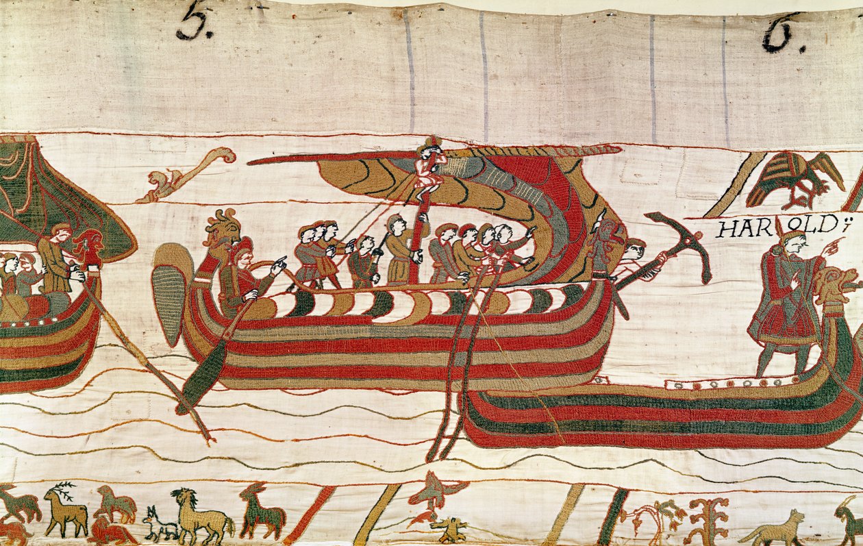 Lodě jsou unášeny větry směrem k území hraběte Guye z Ponthieu, Bayeux Tapestry od Unbekannt Unbekannt