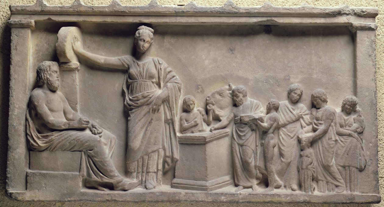 Votivní reliéf zobrazující rodinu obětující býka Asklépiovi, bohu zdraví a jeho dceři, Hygieia, řečtina, 5. století před naším letopočtem od Unbekannt Unbekannt