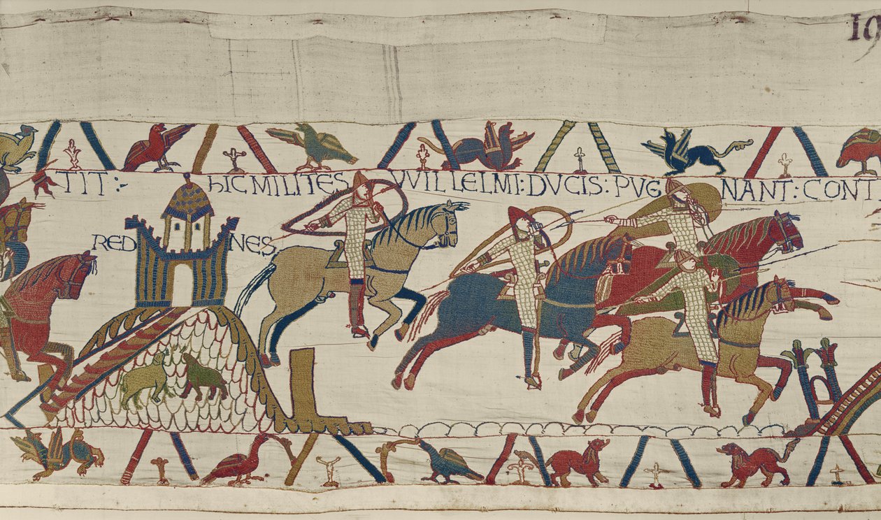 Vojáci vévody Williama projíždějí kolem Rennes při pronásledování vévody Conana z Bretaně, Bayeux Tapestry od Unbekannt Unbekannt