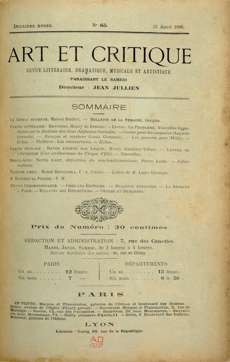 Frontispis časopisu „Art et Critique“, 23. srpna 1890 od Unbekannt Unbekannt