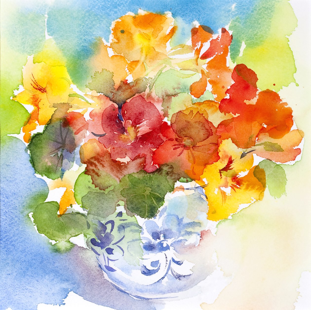 Nasturtium ve váze Delft, 2013, od Unbekannt Unbekannt