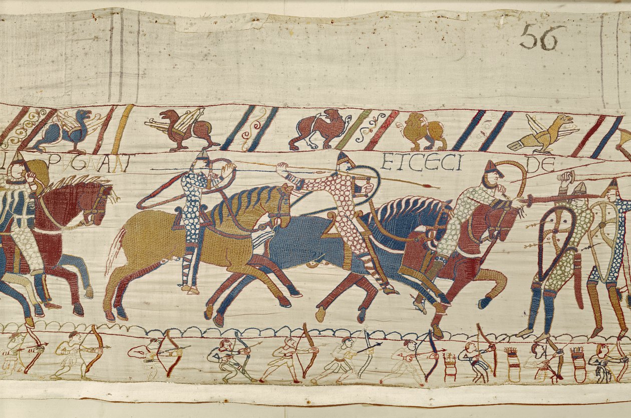 Normané bojují a zabíjejí ty, kteří byli s králem Haroldem v Bayeux Tapestry od Unbekannt Unbekannt