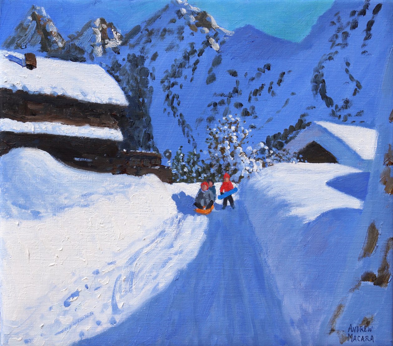Tři sáňkaři, La Clusaz, Francie, 2017, od Unbekannt Unbekannt