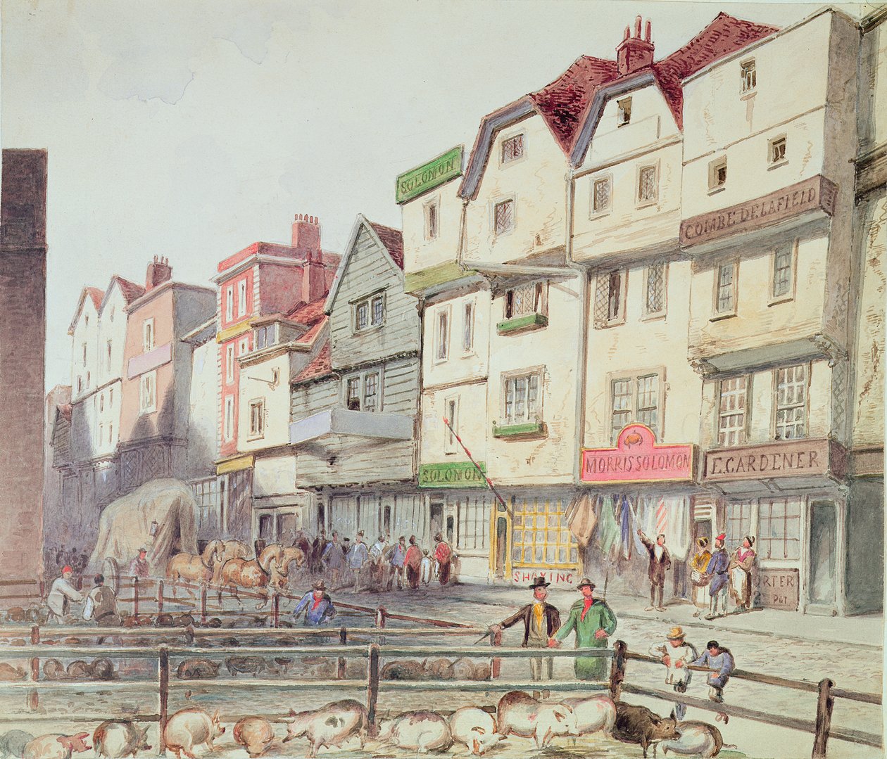 Pohled na Long Lane, s prasaty v kotcích v části Old Smithfield Market, 1844 od Unbekannt Unbekannt